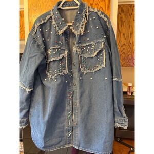 Womens Denim Jacket Embellished Rhinestones Studs Distressed Frayed‎ Oversized